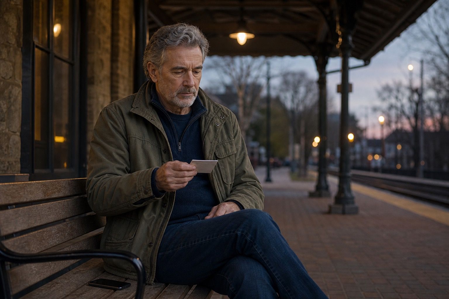 Man over 60 seated at a train platform holding a note card