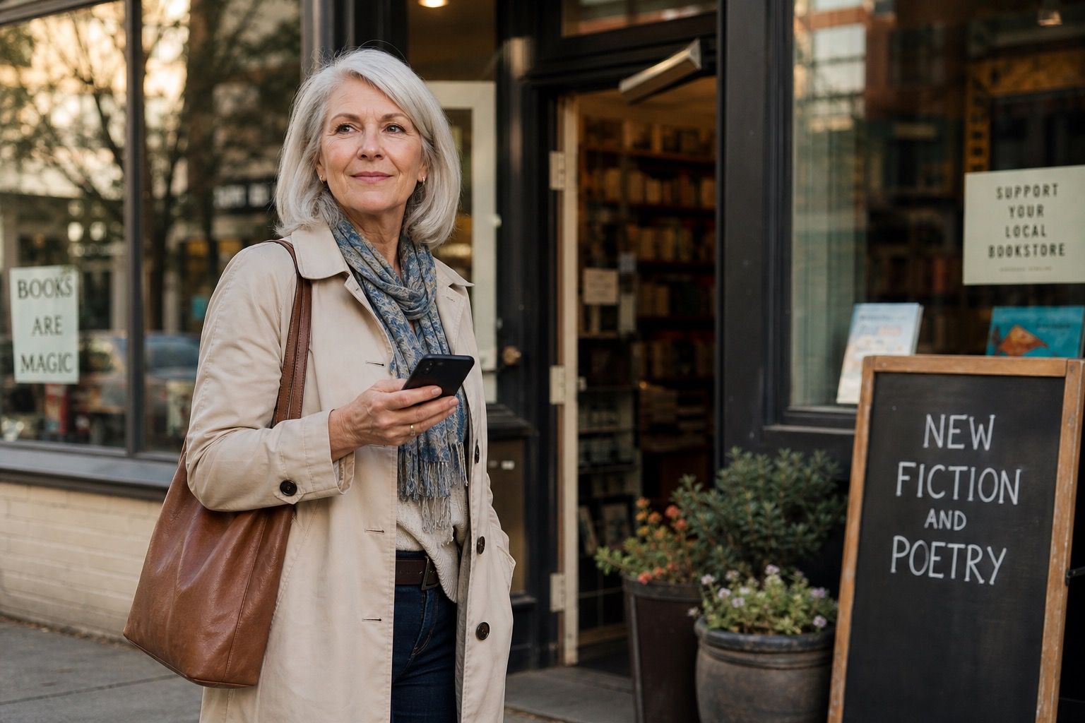 Woman over 50 holding her phone outside a neighborhood bookstore